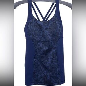 Lululemon Athletica Energy Size 8 Navy Patterned Tank Top with Crisscross Straps